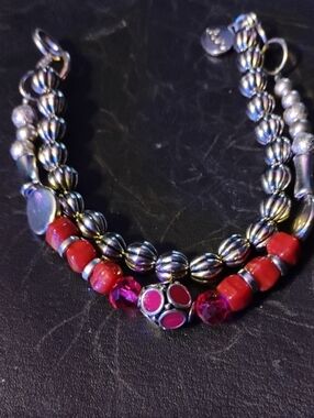 Hand Crafted Red and Pink Beaded Double-Strand Bracelet